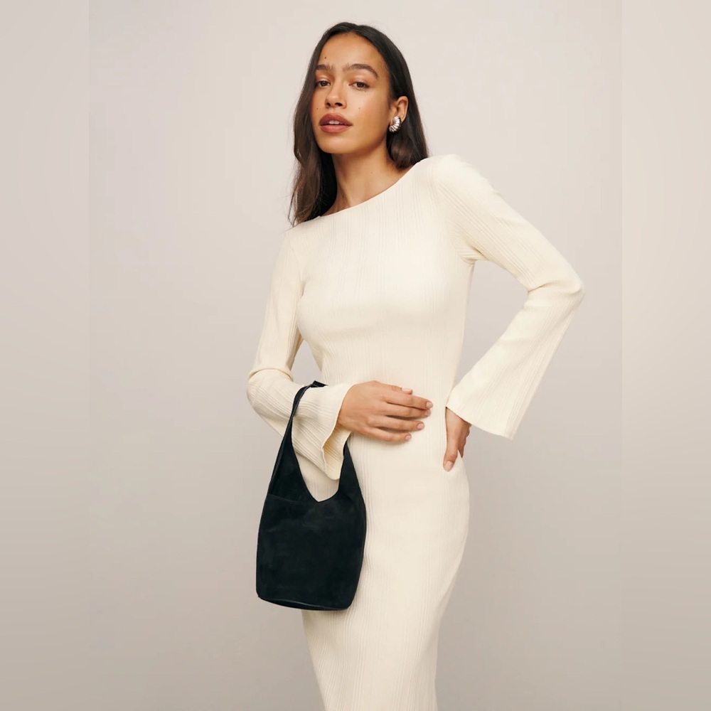 Reformation Small Silvana Bucket Bag, Black Suede